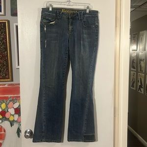Request embroidered jeans. Back flap pockets. Cotton w/touch of spandex. 16